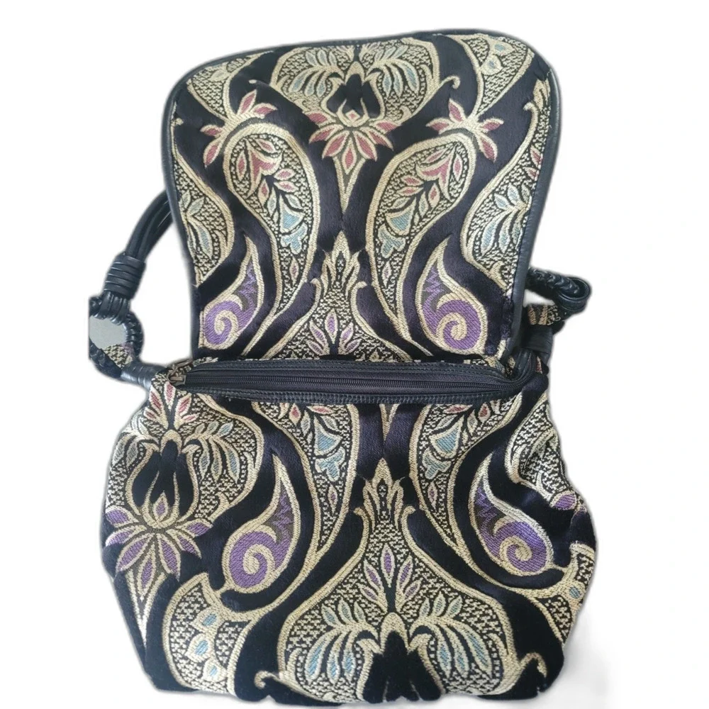 Maxx New York Multicolor Tapestry w/ Leather Strap Handbag Vintage Boho